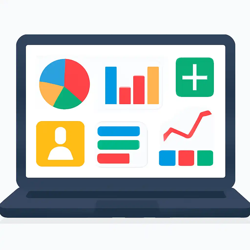 Laptop shown from the front displaying a colourful flat dashboard of abstract charts, bars and icon tiles (no text, no letters, no labels), BDG Win