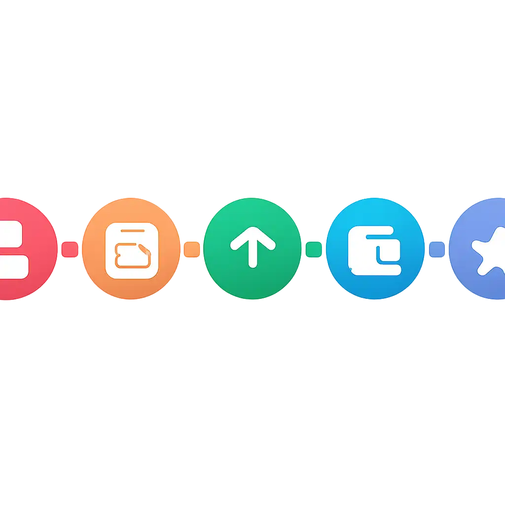 Five numbered circular icons connected by arrows in a horizontal flow, flat illustration, icons only, no words, BDG Win steps