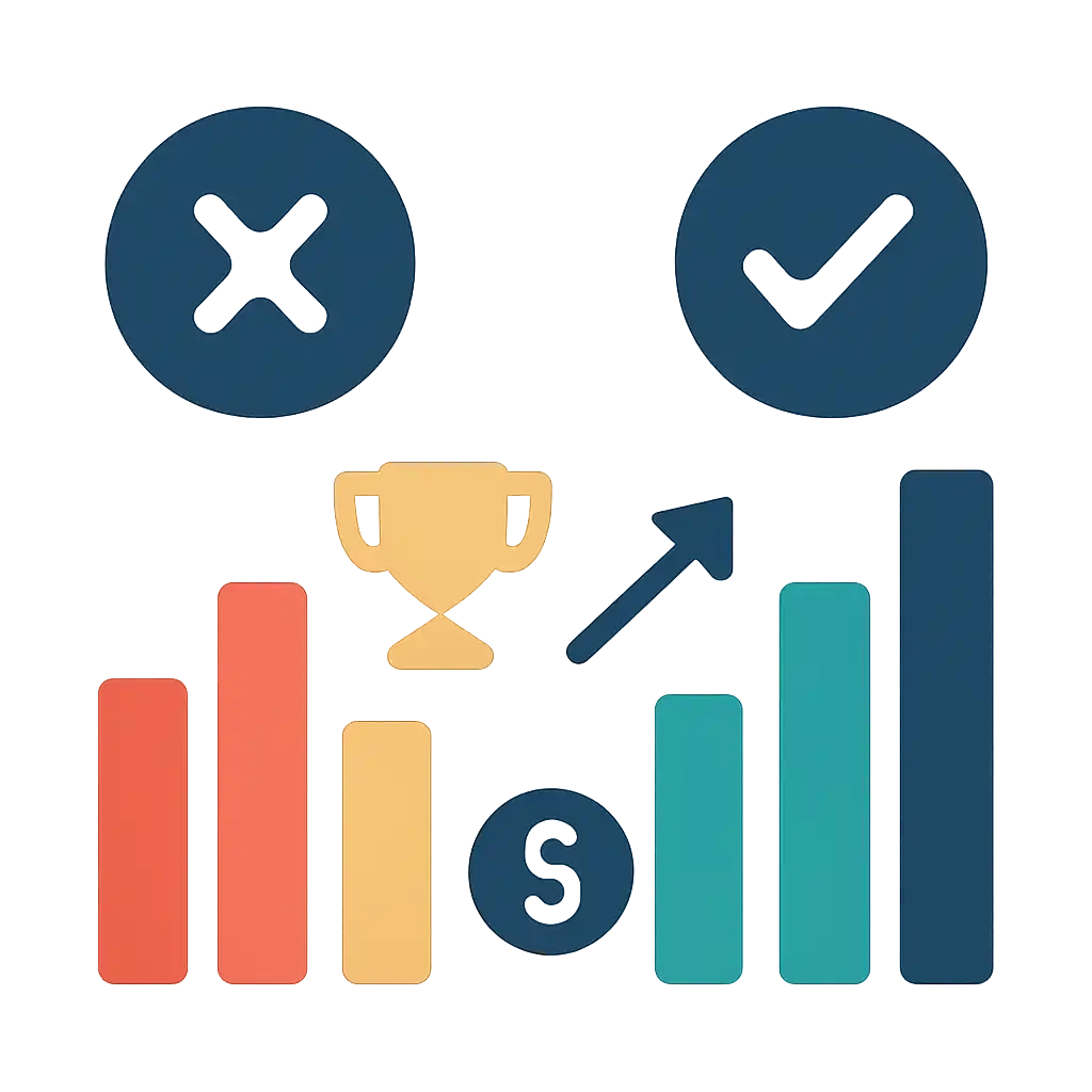 Infographic comparing options using coloured bars and icons only, no text or labels, flat design, BDG Win